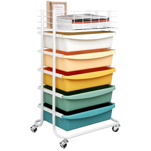 Runnatal Storage Cart with 5 Drawers, Utility Cart with Colorful Drawers and Metal Tabletop, Craft Cart, Teacher Organization for for Office, Living Room, Kitchen
