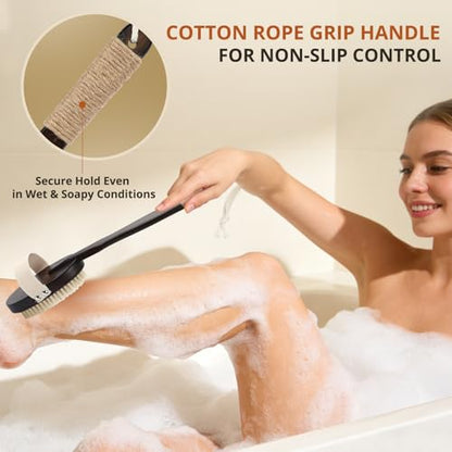 Dry & Wet Brushing Body Brush, Natural Boar Bristle Back Scrubber for Shower with Detachable Handle, Exfoliating Brush for Lymphatic Drainage, Improved Circulation & Smooth Skin - color: Dark Brown