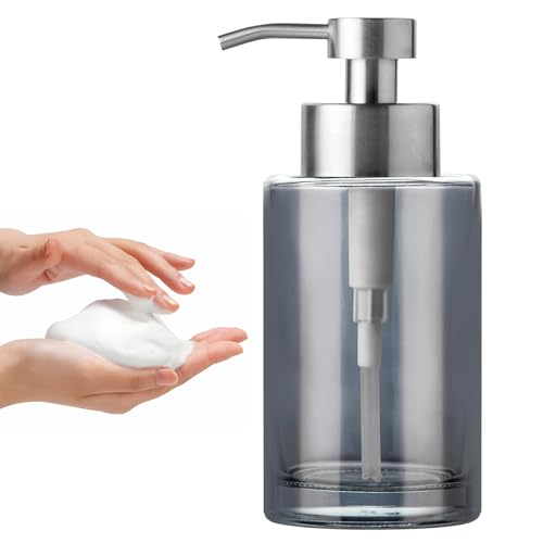 Enra Foaming Soap Dispenser, 12oz Thick Glass Body with Stainless Steel Pump, Bathroom & Kitchen (Silver Foam Dispenser) - color: Silver/Foam Type