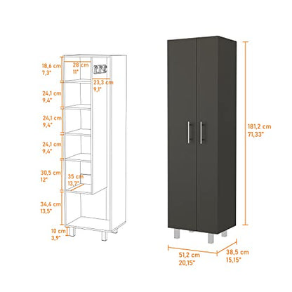 FM FURNITURE Norway Broom Closet Pantry, Five Shelves, Double Door Cabinet,Black/White -Kitchen Room