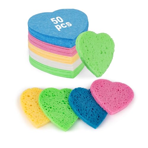 50-Count Heart Shape Compressed Facial Sponges,100% Natural Cellulose Face Sponge Spa Sponges for Removing Dead Skin, Dirt and Makeup((Multicolor)
