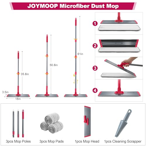 JOYMOOP 18 Inch Dust Mop for Hardwood Floors, Heavy Duty Industrial Wet Dry Mops with Telescopic Handle, Includes 3 Microfiber Mop Pads - Red-Grey