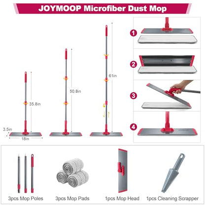 JOYMOOP 18 Inch Dust Mop for Hardwood Floors, Heavy Duty Industrial Wet Dry Mops with Telescopic Handle, Includes 3 Microfiber Mop Pads - Red-Grey
