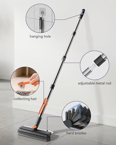 Small Floor Scrub Brush with Length Adjustable Long Handle, 3 in 1 Heavy-Duty Stiff Bristle Scrubber Brush with Squeegee and Tweezer for Cleaning Bathroom, Tile, Deck, Patio, Garage and Kitchen - color: Gray