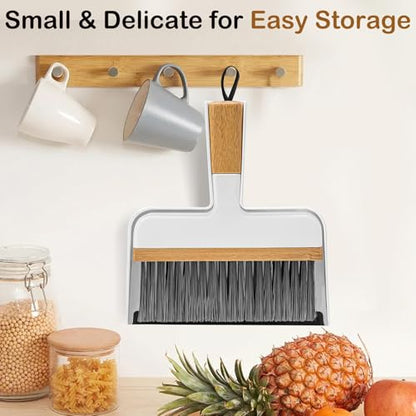 ThinkLearn Mini Dustpan and Brush Set, Bamboo Handle with Rubber Lip | Small Handheld Cleaning Set for Tight Spaces, Small Broom Dustpan for Home Car Camping - color: White