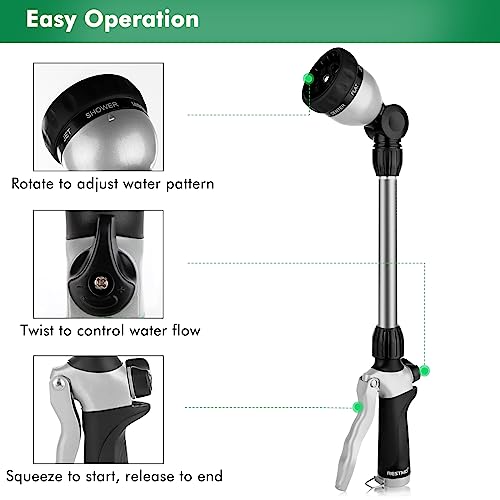 RESTMO Metal Watering Wand, Heavy Duty Garden Hose Wand with 180° Swivel Ratcheting Head, 16'' Hose Nozzle Sprayer with 7 Spray Patterns and Flow Control, for Water Hanging Baskets and Shrubs, Black - color: Black