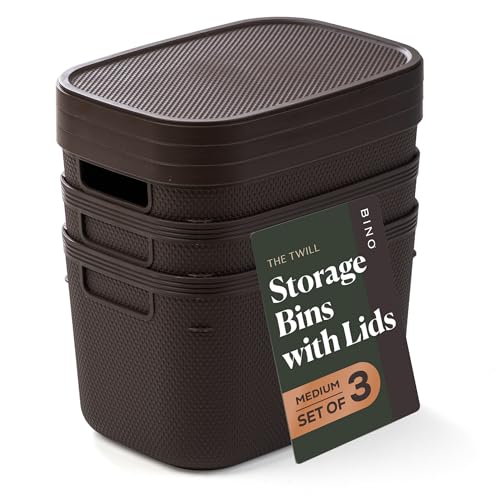 BINO | Plastic Storage Bins with Lids, 5.5 Liter - 3 Pack, Dark Brown | THE TWILL COLLECTION | Plastic Bins for Organization | Woven Storage Baskets for Organizing | Pantry Shelf Organizer Basket Bin - color: Dark Brown, size: 5.5L | 3-Pack