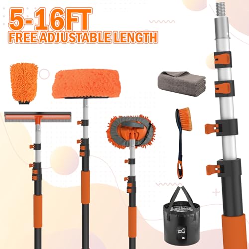 LAANPOLE 16FT Car Wash Brush with Long Handle, Car Cleaning Kit with Soft Bristle Wash Brush, Microfiber Cleaning Mop, Window Squeegee, Mitt, Wheel Brush, Bucket, Drying Towel for RV, Truck, Boat - size: 16FT