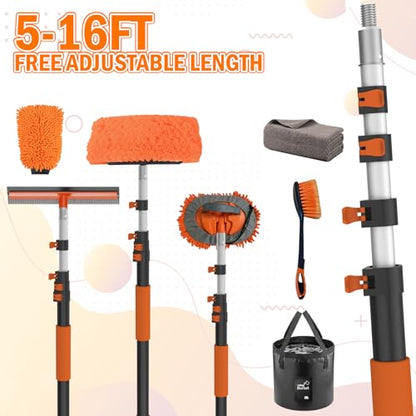 LAANPOLE 16FT Car Wash Brush with Long Handle, Car Cleaning Kit with Soft Bristle Wash Brush, Microfiber Cleaning Mop, Window Squeegee, Mitt, Wheel Brush, Bucket, Drying Towel for RV, Truck, Boat - size: 16FT