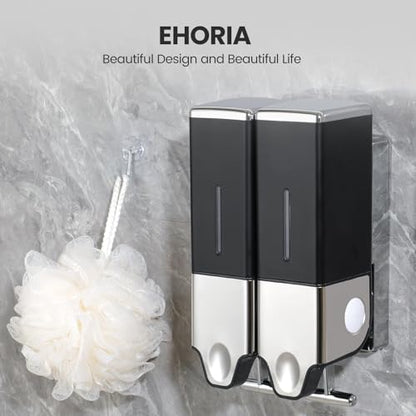 EHORIA 2-in-1 Quadrate Dispensers for The Shower,Shower soap Dispenser,Conditioner Dispenser, Shampoo Dispenser,No Drilled Wall Mounted Distributor,Hotel,Bathroom,Home - color: Double, Black