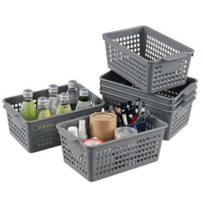 6 Packs Plastic Small Storage Basket, Grey Storage Basket Bins