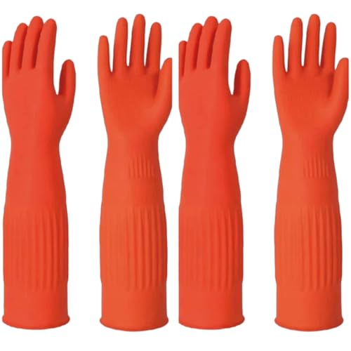Waterproof Thickened Latex Household Cleaning 18inch Gloves Red Long Sleeved Heavy-duty Reusable 2 Pairs Black - color: Red, size: Medium