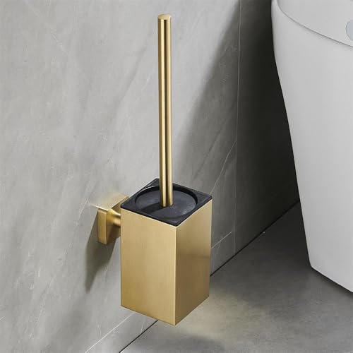 Toilet Brush and Holder Set Wall Mount or Freestanding KWQKEM Modern Toilet Bowl Cleaners Brush and Holder with Lid 304 Stainless Steel (Brushed Gold) - color: Gold, size: Wall Mount