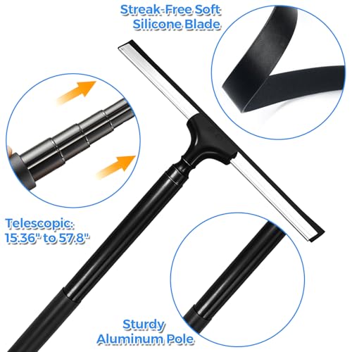 Tiiyee Window Squeegee for Home, 2 in 1 Window Washing kit with 57" Extension Pole Telescopic Shower Door Cleaner Tool Car Windshield Cleaning Long Handle for Glass Doors Floor Tile Wall 14 inch Wide
