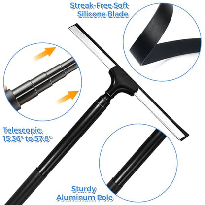 Tiiyee Window Squeegee for Home, 2 in 1 Window Washing kit with 57" Extension Pole Telescopic Shower Door Cleaner Tool Car Windshield Cleaning Long Handle for Glass Doors Floor Tile Wall 14 inch Wide
