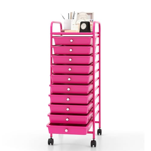 MEDIMALL 10 Drawers Rolling Storage Cart, Multipurpose Craft Storage Cart with Wheels, Mobile Tools Scrapbook Paper Organizer Cart for Office School Home Use - color: Hot Pink