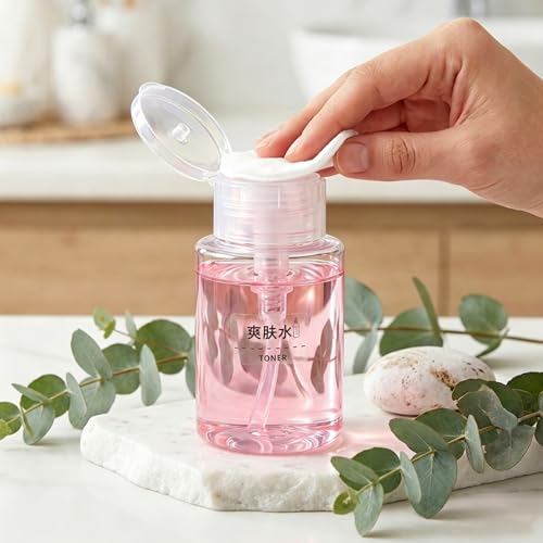 100ml Push Down Pump Dispenser Empty Bottles,Leak-Proof Wide Mouth Refillable Clear Containers with 1 Cartoon Sticker and 1 Label Each for Rubbing Alcohol Nail Polish Makeup Remover Water Toner