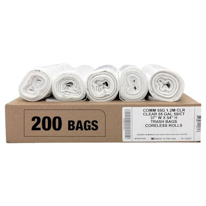 Ultrasac Heavy Duty 55 Gallon Clear Trash Bags - (Value 200 Pack) - 1.5 MIL equivalent Industrial Strength Plastic 37" x 54" for 50-55 Gal Cans -Fits Toter, Rubbermaid Brute, Carlislie Bronco etc. - color: Clear, style: 50-55 Gal, 1.5 Mil Equiv, 200 Count