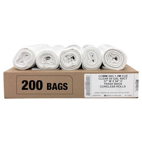 Ultrasac Heavy Duty 55 Gallon Clear Trash Bags - (Value 200 Pack) - 1.5 MIL equivalent Industrial Strength Plastic 37" x 54" for 50-55 Gal Cans -Fits Toter, Rubbermaid Brute, Carlislie Bronco etc. - color: Clear, style: 50-55 Gal, 1.5 Mil Equiv, 200 Count