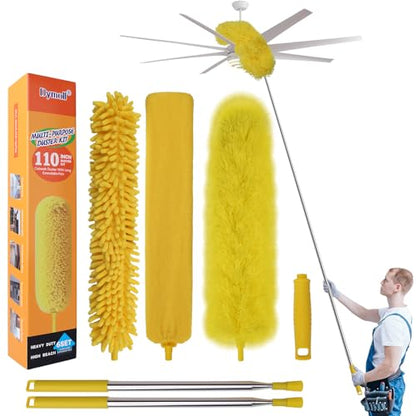 Dymoll Cobweb Duster with Extension Pole, 110" Microfiber Feather Duster Kit with Bendable Washable Heads, Spider Web Brush, Dusters for Cleaning Ceiling Fan, High Ceiling, Blinds, Furniture,2Pcs