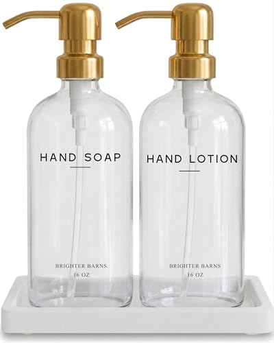 Luxury Glass Soap Dispenser Bathroom Set by Brighter Barns - Refillable Liquid Hand Soap and Lotion Dispenser Set with Tray and Pump - Gold Bathroom Decor for Guest House, Modern Airbnb (Clear/Gold) - color: Clear Gold Sl