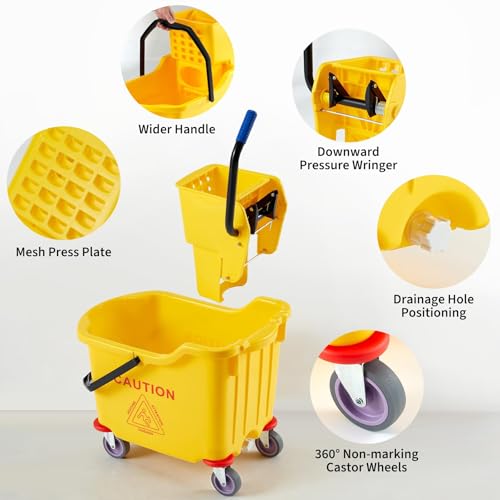 Commercial Mop Bucket with Wheels and Side Press Wringer, 35 Quart Large Capacity Floor Cleaning System for Janitorial, Kitchen, Restaurant, Office & Industrial Use, Yellow