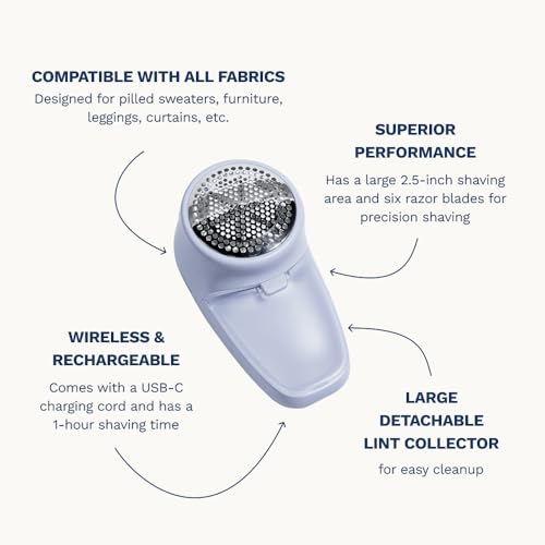 Nori Trim Fabric Shaver - Lint Remover for Clothes & Furniture Couch Pilling - Sweater Pill Remover - Clothes Shaver with 6 Precision Blades - Wireless and Rechargeable - Blue - color: Blue