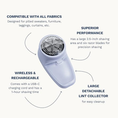 Nori Trim Fabric Shaver - Lint Remover for Clothes & Furniture Couch Pilling - Sweater Pill Remover - Clothes Shaver with 6 Precision Blades - Wireless and Rechargeable - Blue - color: Blue