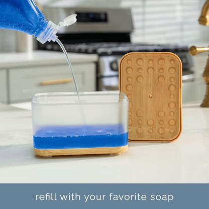 S&T INC. Dish Soap Dispenser and Sponge Holder for Kitchen Sink, Waterproof Labels and Sponge Included, 13 Ounces, Plastic, Bamboo - color: Bamboo