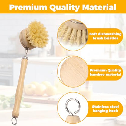 Bamboo Dish Brush Set, 5 Pcs Wooden Kitchen Scrubber – Long Handle Dish & Cup Brush, Short Handle Sisal & Coarse Brown Brush, Includes Square Tray, Ergonomic Natural Cleaning Kit for Pots Pans Bottles - color: Log Color 5pcs