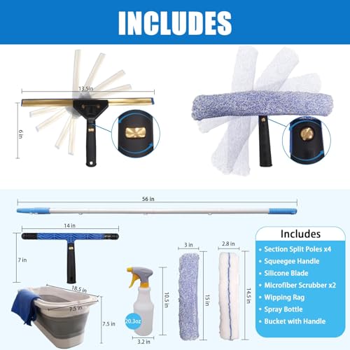 Pro Window Cleaning Kit with Storage Bucket, with 4 13 inch Extension Rods, Scrubber, Spray Bottle, Rag and Scraper with Rotating Head - Car/Home Glass Cleaning System