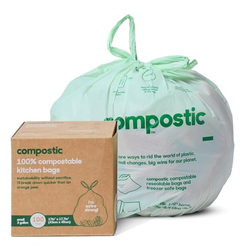 Compostic Compostable Trash Bags, 3 Gallon Small Bathroom & Office (100 Count) Bulk Pack — Extra Strong, Home Compostable, Plant-Based, Non-Toxic Garbage Bags - size: 100 Count (Pack of 1), style: Small 3 Gallon