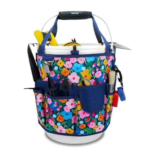 KUNN 18-Pocket Bucket Tool Organizer | Heavy-Duty 5 Gallon Bucket Caddy with Hangable Handle | Gardening Tool Bag & Garden Caddy Accessory for Gardeners, Blue - style: Blue Bloom