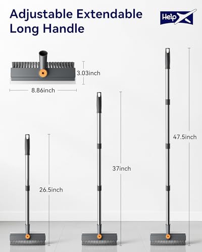 Small Floor Scrub Brush with Length Adjustable Long Handle, 3 in 1 Heavy-Duty Stiff Bristle Scrubber Brush with Squeegee and Tweezer for Cleaning Bathroom, Tile, Deck, Patio, Garage and Kitchen - color: Gray