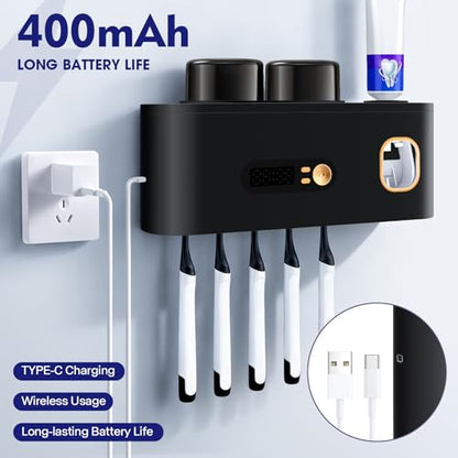 Toothbrush Cleanerst Holders,Smart Drying and Cleaning Wall Mounted Holder with Automatic Toothpaste Dispenser, 5 Brush Slots 2 Cups for Bathroom (Black) - color: Black
