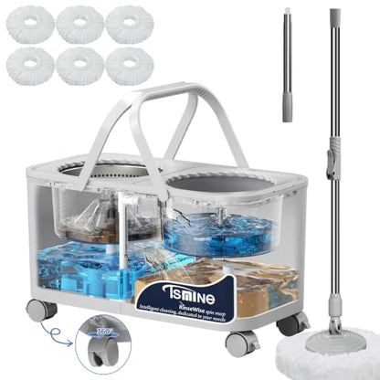 RinseWise Compact Gen 1 Spin Mop and Bucket with Wringer, 1.5 Gal Clean Water Capacity, Clean & Dirty Water Separation, 4 Swivel Wheels, 61" Long Handle, 6 Mop Heads for Daily Floor Cleaning