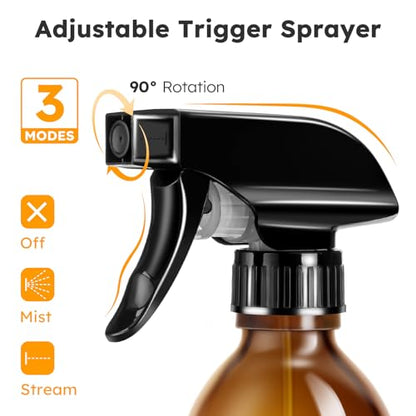 Tecohouse Glass Spray Bottles 8oz, Amber Hair Spray Bottles, 2 Pack Empty Refillable Sprayer Container with Labels, Funnel, Lids, Graduated Pipettes - Handheld Size - color: Amber