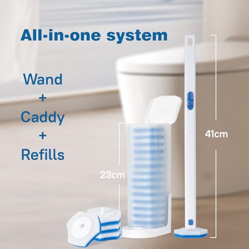 Disposable Toilet Brush Set with Holder, White and Blue, Includes 16 Cleaning Refills (1+16 Refills) - size: 1+16 Refills
