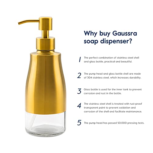 Gaussra Soap Dispenser with Coaster and Stickers, Brushed Gold Stainless Steel Glass Hand Pump Dispenser, Anti Rust Bottle, for Kitchen & Bathroom Detergent Bottle，Refillable Hand Liquid Dispenser - color: Brushed Gold