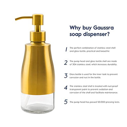 Gaussra Soap Dispenser with Coaster and Stickers, Brushed Gold Stainless Steel Glass Hand Pump Dispenser, Anti Rust Bottle, for Kitchen & Bathroom Detergent Bottle，Refillable Hand Liquid Dispenser - color: Brushed Gold
