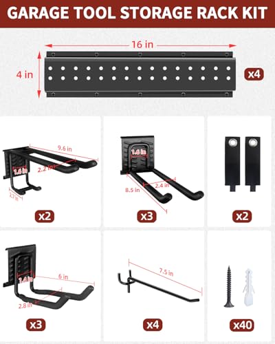 64-Inch Garage Storage Tool Organizer Wall Mount, Heavy Duty Garage Organization Metal Rack with 12 Hooks, Garden Tool Hanger Holder for Broom, Shovels, Ladders, Lawn Tools - size: 64" 4 Panels & 12 Hooks