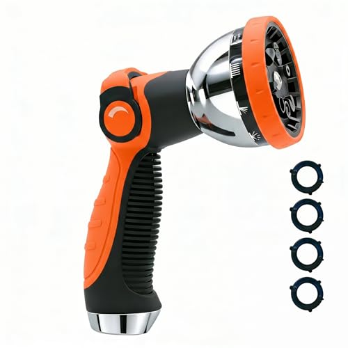 Garden Hose Nozzle Heavy Duty, Metal Water Hose Sprayer with 10 Adjustable Spray Patterns, Thumb Control On Off Valve, High Pressure Hose Nozzle for Watering, Car Washing & Pet Shower - Orange - color: Orange, size: 1Pack
