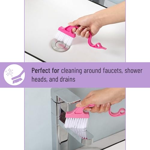 Slick- Window Track Cleaning Brush, 3 Pack, Shades of Pink, Ergonomic Handle, Built-in Scraper, Multipurpose Window Track Cleaning Tools for Faucets, Shower Heads and Drains