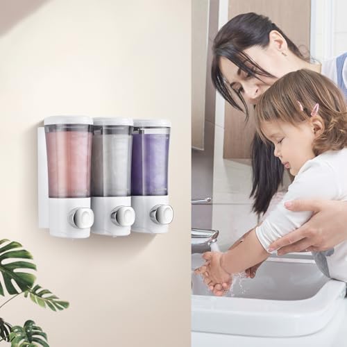 Shampoo and Conditioner Dispenser No Drill Shower Soap Dispenser Wall Mounted Shower Dispenser 3 Chamber with Upgrade Smooth Pump Head Bathroom Body Wash Soap Dispenser Set 450ml*3 White - color: White 3 Chamber