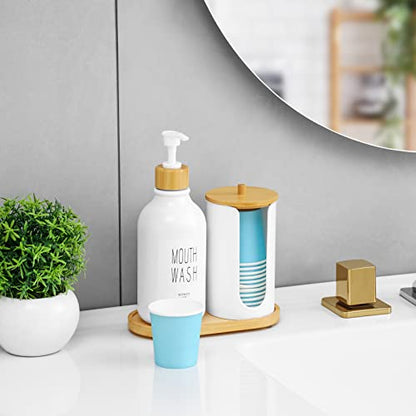 VITVITI Mouthwash Dispenser for Bathroom, Mouth Wash Pump Bottle with Paper Cup Holder, 17Oz Refillable White Mouthwash Container with Bamboo Lid/Tray/Label - color: White
