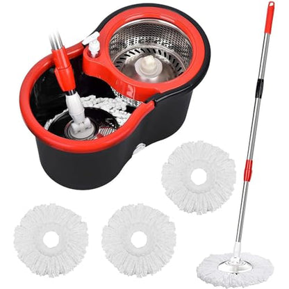 360° Spin Mop Bucket Sets with Wring System in 3 Microfiber Heads, Stainless Steel Basket 61" Extended Handle Floor Cleaning (Black)