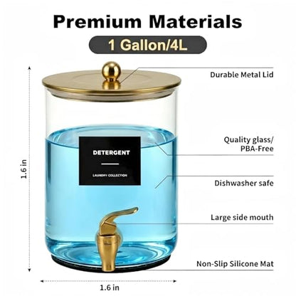 Glass Laundry Detergent Dispenser,1 Gallon Large Liquid Soap 2 Pack(Gold) | Complete borosilicate jars set with leakproof spigots, protective silicone mats, minimalist labels, and dosing cups - color: Gold