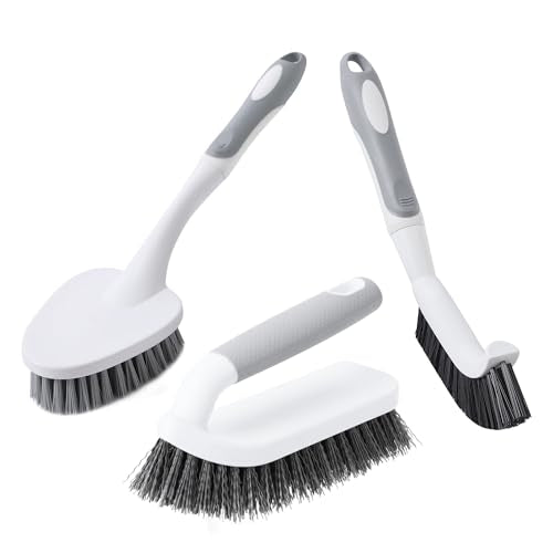 CLEANHOME 3 Pcs Scrub Brush,Multifunctional Cleaning Brush Set with Non-Slip Handle and Sturdy Bristles,Scrub Brushes for Cleaning Bathroom,Kitchen,Grout,Tile,Grey