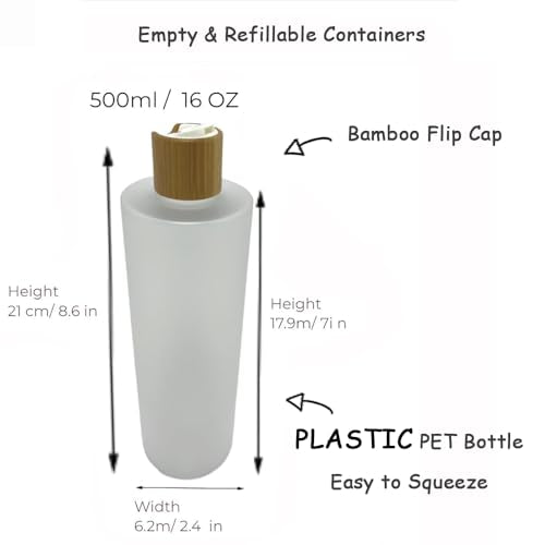 Empty Cosmetic Bottles 16oz/500ml 2 Pack with Bamboo Disc Top Flip Cap for Shampoo Lotion Liquid Soap,Cream,Refilable Plastic Squeeze Travel Size Toiletry Bottles Frost Clear - color: Frost Clear, size: 500ml (Pack of 2)