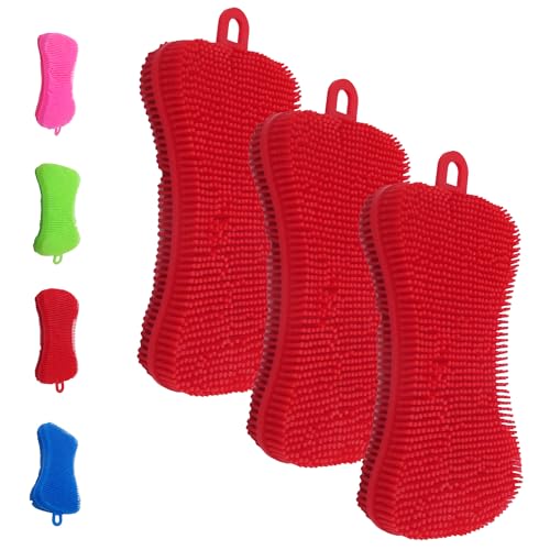 Gadgetime USA Silicone Dish Sponge - Dishwashing Kitchen Scrubber - Double Sided Sponge Brush - Multipurpose & Reusable Silicone Dish Sponges for Dishes, Fruits & Vegetables Cleaning - Red (3 Pack) - color: Red